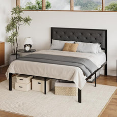 SHA CERLIN Full Size Metal Platform Bed Frame,Linen Upholstered Button Tufted Headboard, Mattress Foundation with 12.4” Under-Bed Storage, Noise-Free, Easy Assembly, No Box Spring Needed, Dark Grey