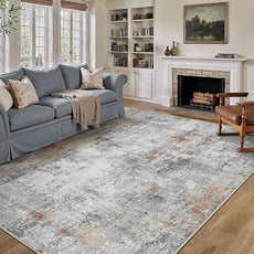 10x14 Washable Area Rug Grey Rust Abstract Living Room Bedroom Carpet Neutral Modern Non-Slip Soft Low Pile Lightweight Vacuumable Large Throw Rug for Dining Room
