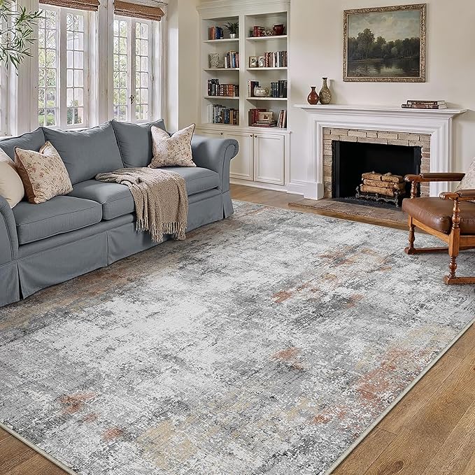 10x14 Washable Area Rug Grey Rust Abstract Living Room Bedroom Carpet Neutral Modern Non-Slip Soft Low Pile Lightweight Vacuumable Large Throw Rug for Dining Room