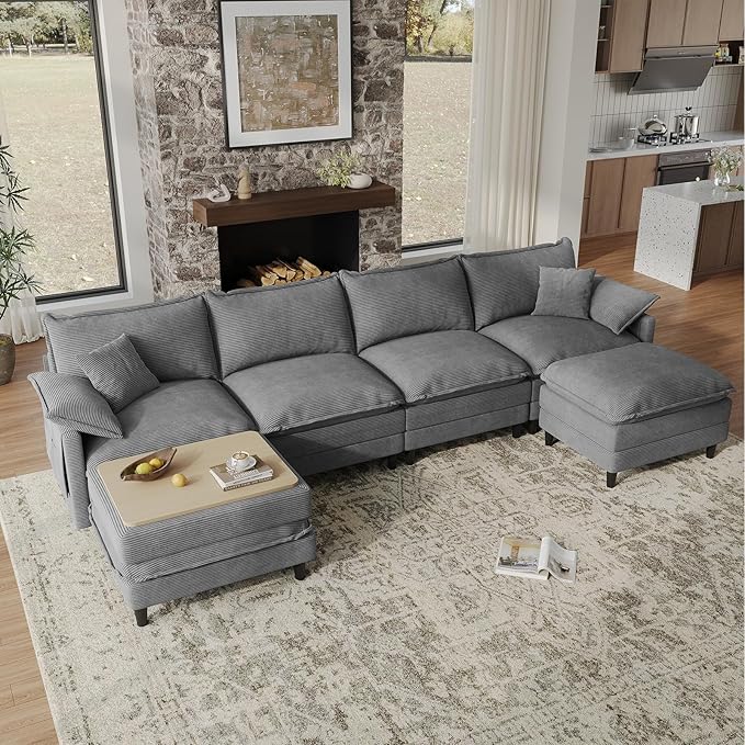143" U Shaped Modular Sectional Cloud Couch with Two Ottoman
