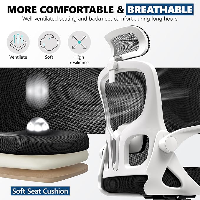 Ergonomic Office Chair - High Back Mesh Computer Desk Chair with Adjustable Lumbar Support & Headrest, Flip-Up Armrests, Tilt Function - Perfect for Gaming, Work, and Study -White