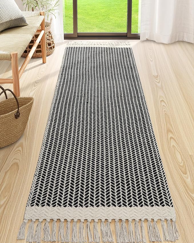 Lahome Boho Kitchen Runner, 2'6''x8 Runners for Hallways Lightweight Bath Mat Woven Washable Runner Rug with Tassels, Farmhouse Non Shedding Black Rug for Bedroom Living Room