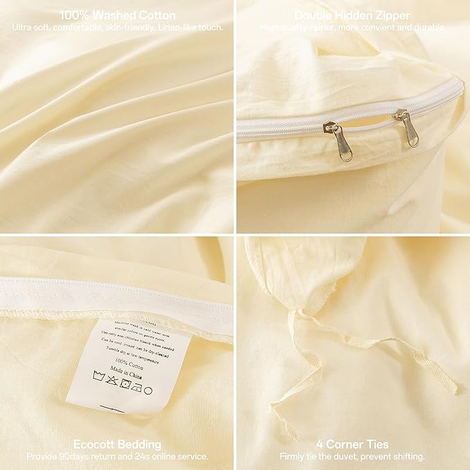 ECOCOTT Duvet Cover Queen Size - 3 Piece 100% Washed Cotton Bedding Set, Soft and Breathable with Zipper Closure & 8 Corner Ties - Comfortable and Stylish for All Seasons (Cream)