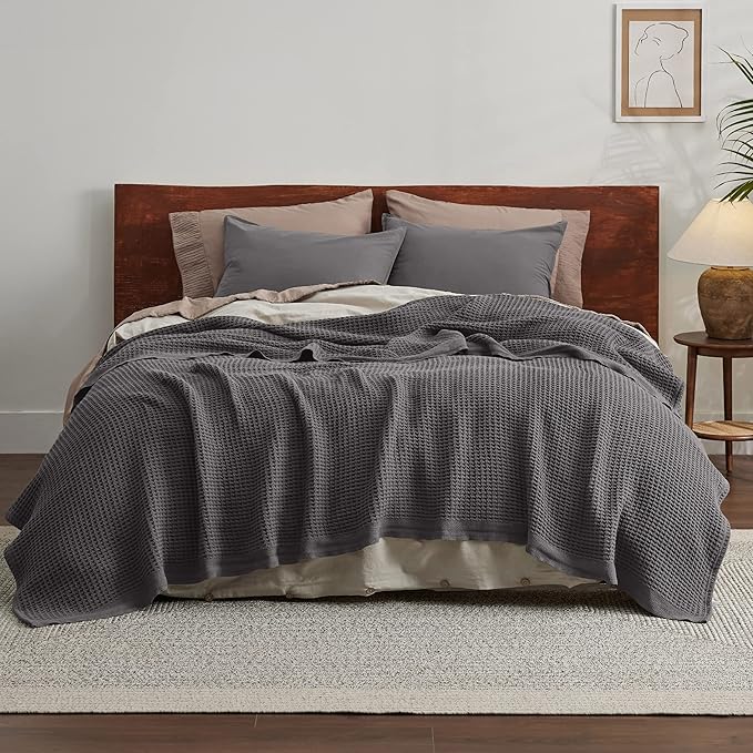 Bedsure Gentlesoft 100% Cotton Blanket Queen Size for Bed - Breathable and Soft, Thick Cozy Waffle Weave Christmas Blanket Gift for Women, Dark Grey, 90x90 Inches