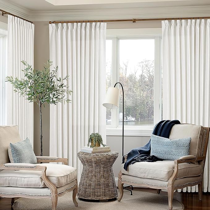 Ivory White Pinch Pleated Extra Wide Linen Curtains 84 Inches Long for Patio Sliding Glass Door 70 Inch Wide Pleated Drapes with Hooks Rings Semi Sheer 70x84 Curtain for Living Room 1 Panel