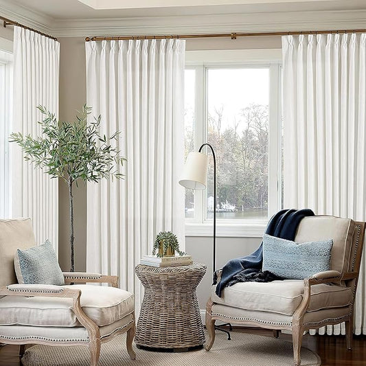 Ivory White Pinch Pleated Extra Wide Linen Curtains 84 Inches Long for Patio Sliding Glass Door 70 Inch Wide Pleated Drapes with Hooks Rings Semi Sheer 70x84 Curtain for Living Room 1 Panel