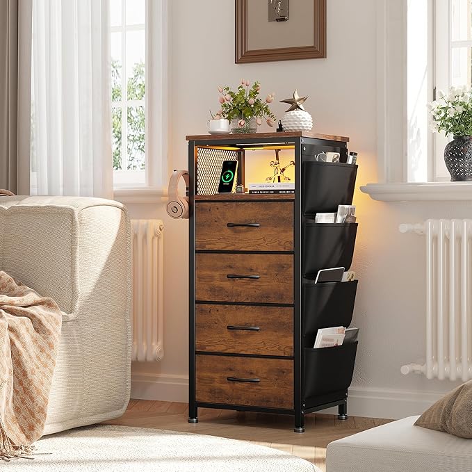 EnHomee Nightstand Set of 2, Night Stand with Charging Station & LED, Bedside Table with Fabric Drawers and Storage Shelf, Sturdy Steel Frame, Wood Top, Cloth Bags, Hooks, Brown