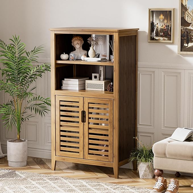 HITNET Walnut Bathroom Floor Cabinet, Bamboo Side Tall Storage Organizer, Freestanding Kitchen Cupboard with Door and Removable Shelf