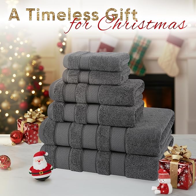 American Soft Linen Salem Turkish Bath Towel Set, 100% Cotton 600 GSM 6 Piece Towels for Bathroom, 2 Bath Towels 2 Hand Towels 2 Washcloths, Dark Gray
