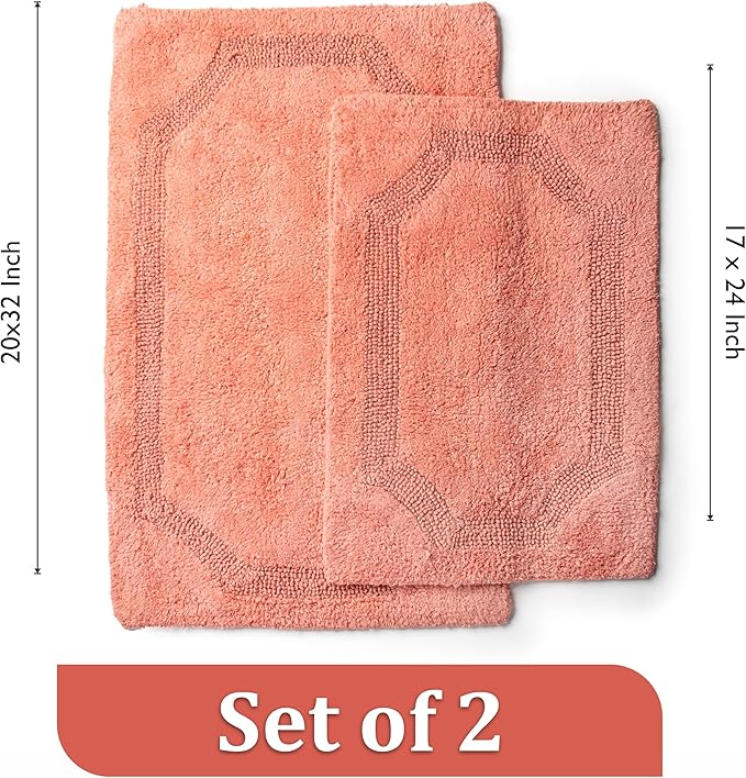 voyzz home Set of 2 Reversible Bath Rug 20x32 inch -17x24 inch | 100% Cotton Hand Tufted Soft & Absorbent Bath Mat|Washable Quick Dry Shaggy Shower Mat | Non-Slip Mordern Bathroom Decor | Peach…