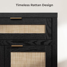 SICOTAS Rattan Sideboard Buffet Cabinet with Storage, Boho Credenza Accent Cabinet with 3 Doors and 2 Drawers, Farmhouse Console Coffee Bar Cabinets for Kitchen Living Room Entryway, Black Oak, 2 PCS