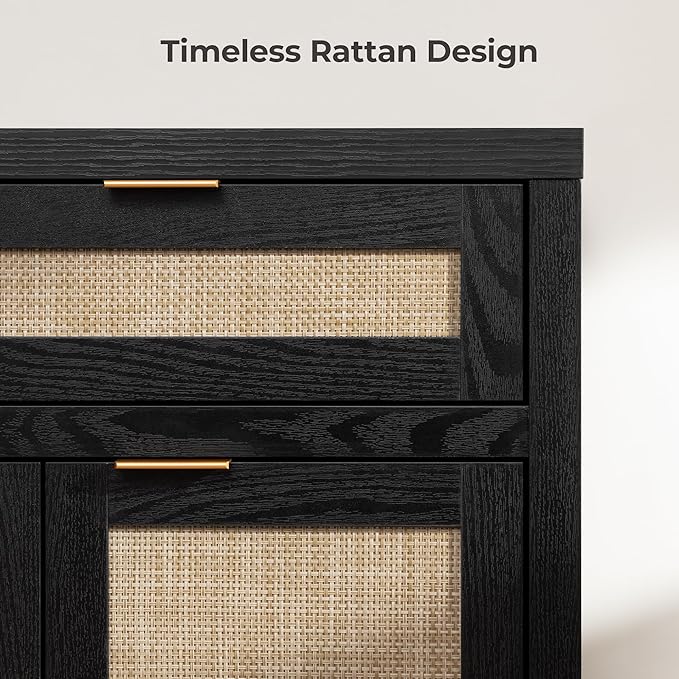 SICOTAS Rattan Sideboard Buffet Cabinet with Storage, Boho Credenza Accent Cabinet with 3 Doors and 2 Drawers, Farmhouse Console Coffee Bar for Kitchen, Living Room, and Entryway, Black Oak