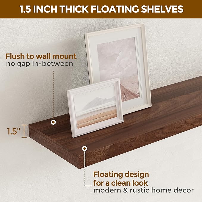 Fun Memories Floating Shelves for Wall, 48 x 9.3 Large Floating Shelf Wall Mounted Set of 2, Rustic Wood Shelves for Bathroom, Kitchen, Living, Heavy-Duty Storage Deep Shelf for Books, Decor, Walnut