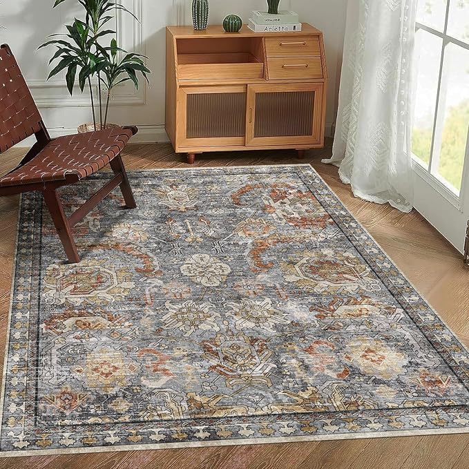 RUGSURE Washable Area Rugs - Perfect for Living Room, Bedroom, Kids Room, Nursery - Stain & Water Resistant Non-Slip, Pet & Child Friendly, Vintage Tribal Area Rugs (Turmeric and Grey, 5' x 7')