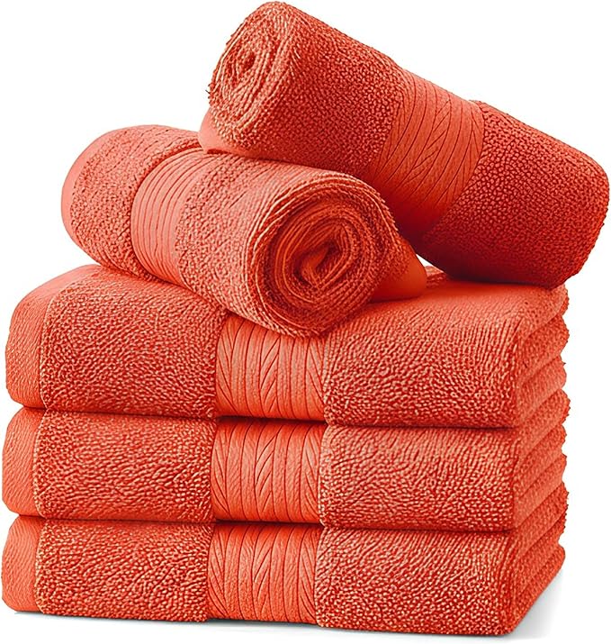 Ample Decor Washcloths Pack of 5 12 X 12 Inch, 600 GSM 100% Cotton Soft Absorbent, Premium Quality Durable Machine Washable, Ideal for Bathroom, Pool, Hotel, Spa – Orange