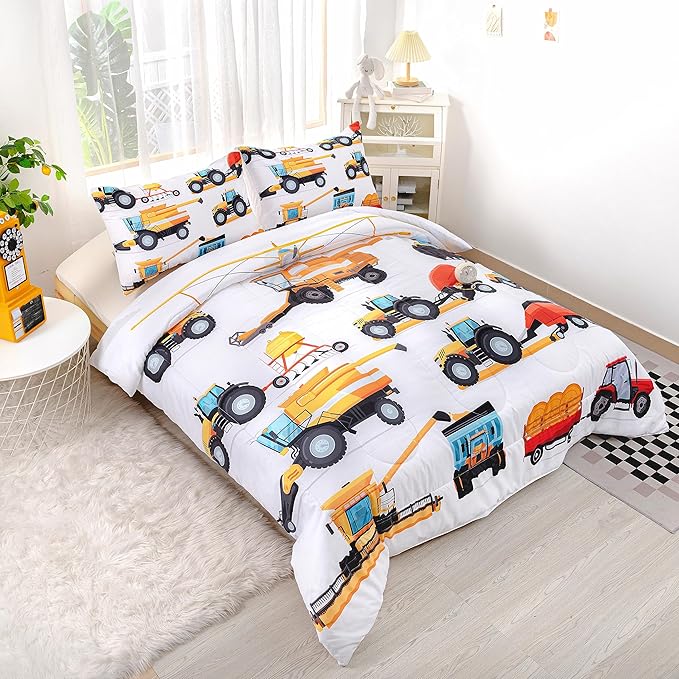 CVHOUSE Tractor Bedding Set for Boys - Twin Excavator Comforter & Trucks Tractors Cars Quilt Set with 1 Comforter and 2 Pillow Cases - 3 Piece
