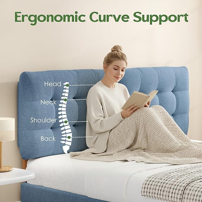 Tufted Upholstered King Headboard, Adjustable Height King Size Headboard Only from 39”to 44” with Durable Solid Wood Legs, Modern Button Diamond Fabric Head Board with Width Adapters, Blue