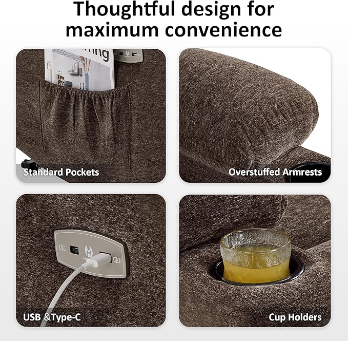 MCombo Power Lift Recliner Chair with Extended Footrest for Elderly People, Fabric 7281 (Brown, Small)