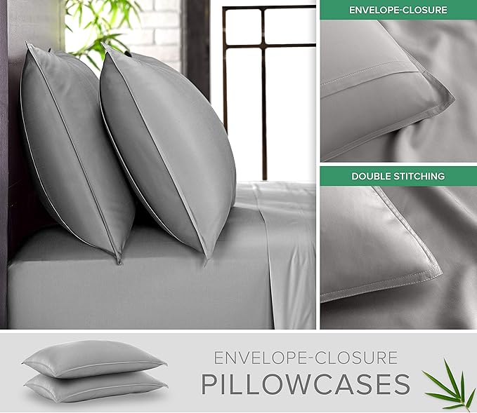 Pure Bamboo Split King Sheets, Genuine 100% Organic Viscose Derived from Bamboo Bed Sheet Set, Soft & Cooling, Double Stitching, 2 Fitted Sheets (Split King, Stone Grey)