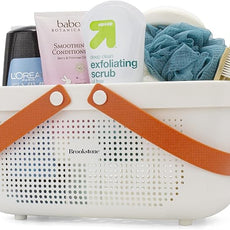 Brookstone BKH1635, Large Portable Shower Caddy with Soft Silicone Carrying Handle, Bathroom Organizer Basket, Plastic Bath Tote, Dries Quickly with Drainage Holes [BPA Free], White