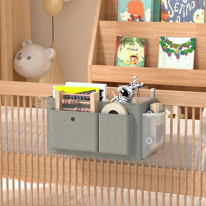 Bedside Caddy Bedside Organizer with Fixed Straps & Water Bottle Holder, Bunk Bed Caddy ideal for Home, Dorm, Hospital, Crib, Versatile Bedside Storage Solution (Grey 2pcs)