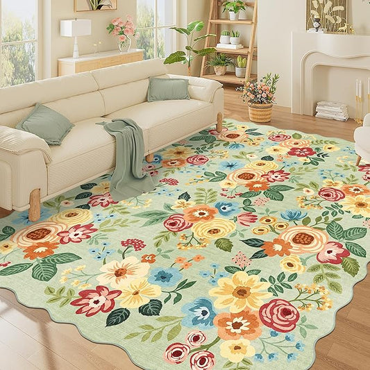 DUKINO 8x10 Area Rug, Floral Washable Rugs for Living Room with Non Slip Backing & Non-Shedding, Lightwight Low Pile Boho Design Large Carpets for Bedroom, Living Room, Dining Room, Green