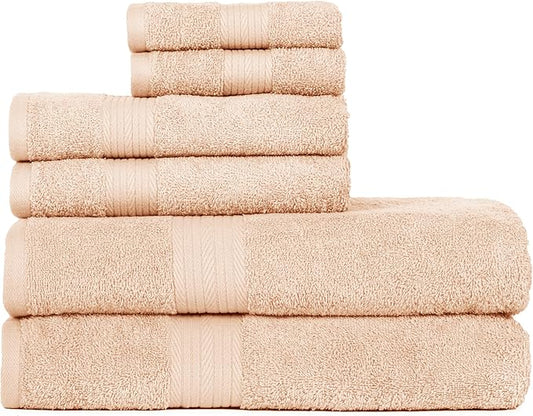 Ample Decor 100% Cotton 6 Piece Bathroom Towels Set, 2 Bath Towels, 2 Hand Towels, 2 Washcloths, Quick Drying - Beige Towel Sets