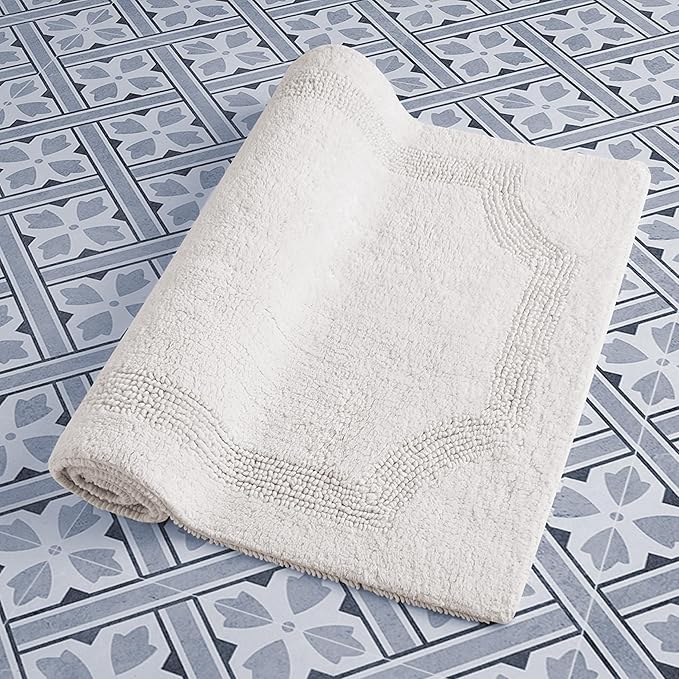 Laura Ashley - Reversible Cotton Bath Mat, Premium Bathroom Décor, Machine Washable Bathroom Rug, Highly Absorbent, 17"x24"/20"x32" 2-Piece Set, Ivory
