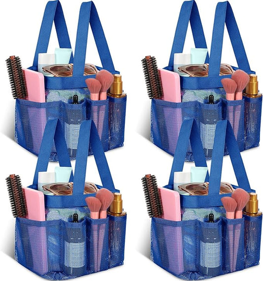 Hillban 4 Pcs Mesh Shower Caddy Portable Large Quick Dry Shower Caddy Basket with Deeper 8 Pockets and 2 Handles Hanging Bag for College Dorm Room(Navy Blue)