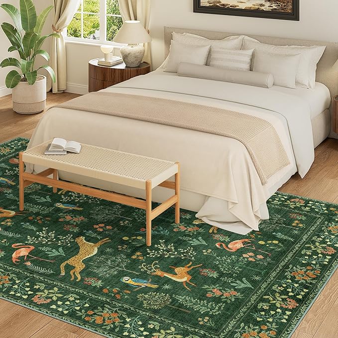 DUKINO 8x10 Rug, Washable Animal Living Room Rug with Non Slip Vintage Design, Soft Low Pile Large Carpet for Bedroom, Nursery, Dining Room, Farmhouse, Playroom, Green