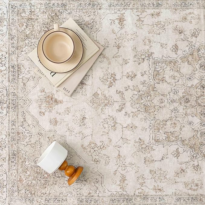 Beige Area Rug 7x9 Washable Living Room Carpet Vintage Non Slip Soft Bedroom Indoor Office Retro Low Pile Thin Oriental Medallion Large Rug for Dining Room Playroom
