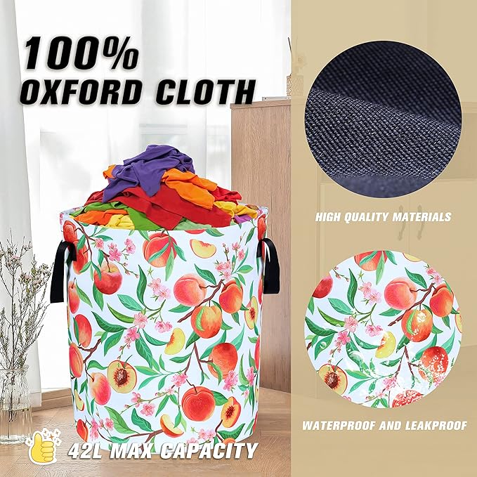 Cute Peach Laundry Basket Foldable Oxford Cloth Funny Tote Bag Laundry Hamper Clothes Storage Bucket Organizer For Bathroom/Laundry Storage/Bedroom Storage Basket 17.7x13.7 Inch