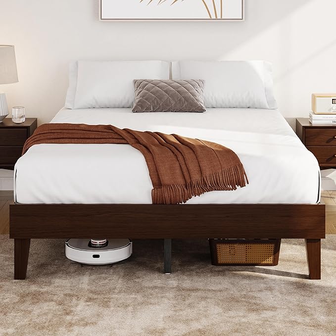 Yaheetech Queen Bed Frame Natural Solid Wood Platform Bed with Wooden Slats Support, 7.3-inch Underbed Space for Storage, Noise-Free Design, Easy Assembly, Dark Walnut Finish