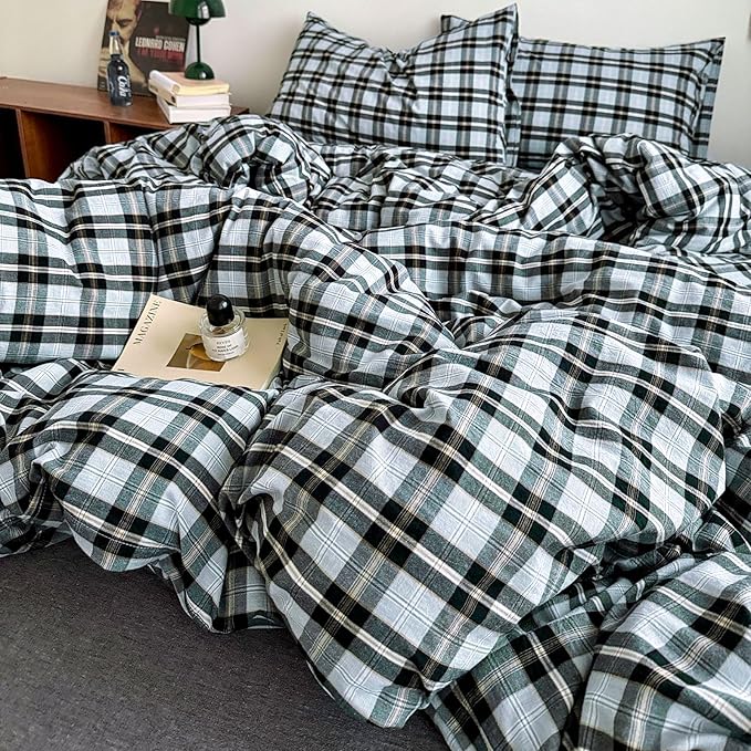 VM VOUGEMARKET Black Grey Plaid Duvet Cover Set King,3 Pieces Washed Cotton Bedding Set,Breathable Luxury Grid Duvet Cover with 2 Pillowcases