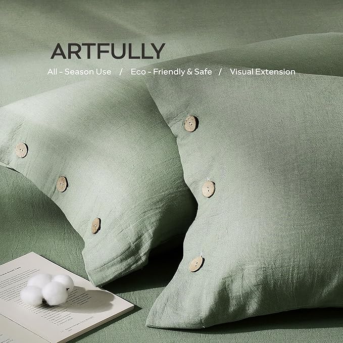 JELLYMONI 100% Washed Cotton King Pillowcases Set, 2 Pack Linen-Like Texture Breathable Pillow Covers with Button Closure,Pillows are not Included (King 20"×36", Sage Green)