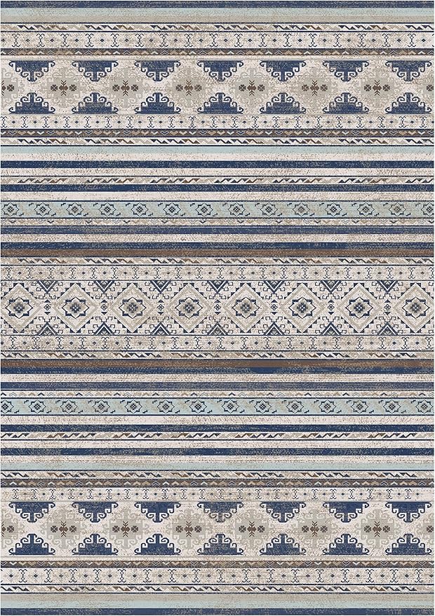 RUGSURE Washable Area Rugs 8' x 10' - 1/6 Thick - Moroccan-Inspired -Stain & Water Resistant Non-Slip - Resistant Rug for Living Room, Bedroom, Nursery, Pet & Child Friendly (Blue and Brown)