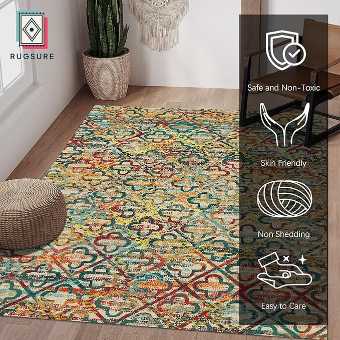 RUGSURE Washable Area Rugs, 6' x 9' - 1/6 Thick - Stain & Water Resistant Non-Slip - Perfect Resistant Rug for Living Room, Bedroom, Nursery, Pet & Child Friendly, Vibrant Colors Rugs, Multicolor