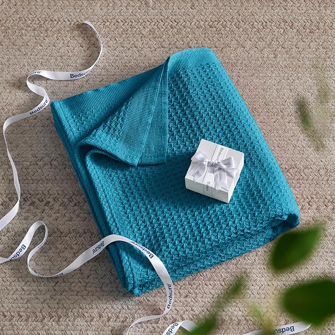 Bedsure Gentlesoft 100% Cotton Blanket Twin XL Size for College Dorm - Breathable and Soft, Waffle Weave Twin Blanket for Summer, Dorm Room Essentials, Teal, 66x90 inches