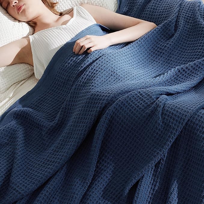 Bedsure Gentlesoft 100% Cotton Large Blanket Oversized King for Bed - Breathable Thick Waffle Weave Blanket for Summer, Couch Cover, Navy, 120x94 inches