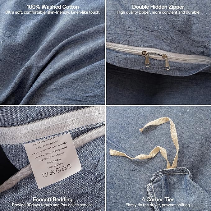 ECOCOTT Denim Blue Duvet Cover Queen Size, 100% Washed Cotton 1 Duvet Cover with Zipper and 2 Pillowcases, Ultra Soft and Easy Care Breathable Cozy Bedding Set (Denim Blue, Queen)