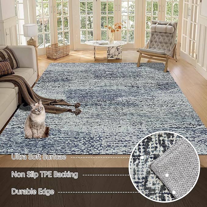 RUGSURE Washable Area Rug - 1/6 Thick - Stain & Water Resistant Non-Slip - Resistant Rug for Living Room, Bedroom, Nursery, Pet & Child Friendly, Vintage Charm Area Rugs (Grey+LightTeal, 4' x 6')