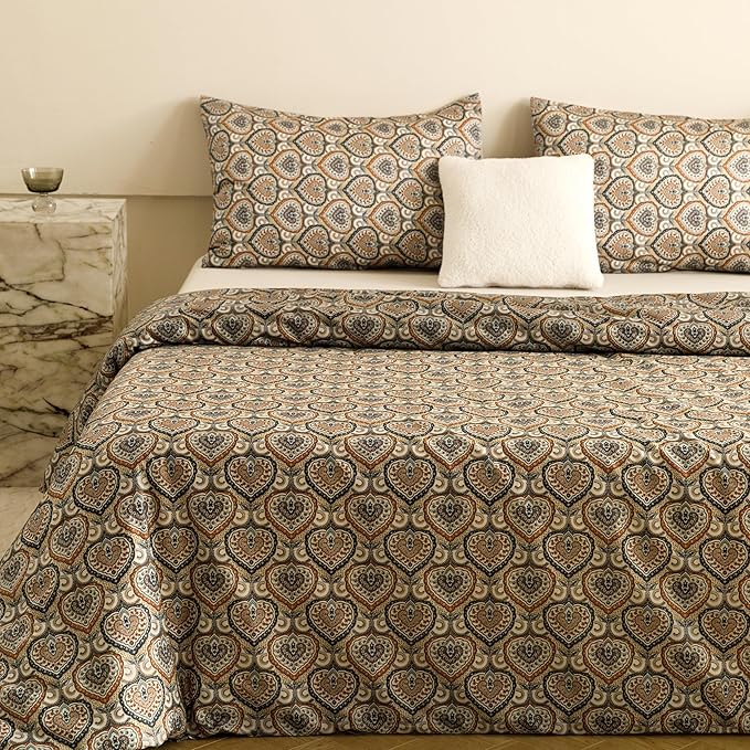 HeimenAogo Egyptian Cotton Duvet Cover Queen Size Sateen Weave, Silky Soft Duvet Cover with Zipper Closure, Long Staple Cotton Bed Linen Bohemian Damask Medallion 3 Pcs