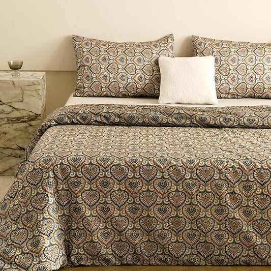 HeimenAogo Egyptian Cotton Duvet Cover Queen Size Sateen Weave, Silky Soft Duvet Cover with Zipper Closure, Long Staple Cotton Bed Linen Bohemian Damask Medallion 3 Pcs