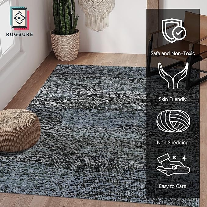 RUGSURE Washable Area Rug - 1/6 Thick - Stain & Water Resistant Non-Slip - Resistant Rug for Living Room, Bedroom, Nursery, Pet & Child Friendly, Vintage Charm Area Rugs (Darkgrey+Bule, 8' x 10')