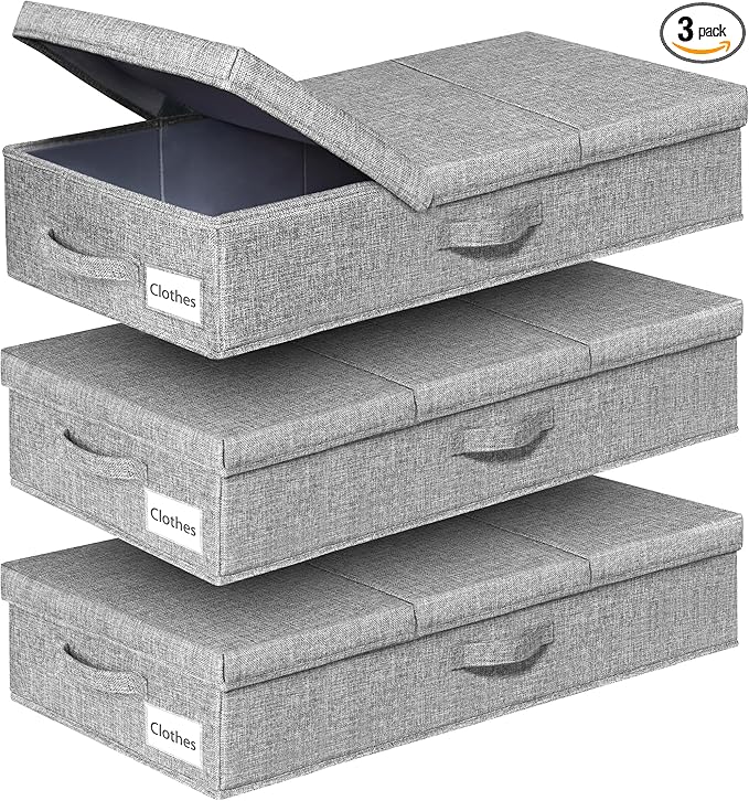 punemi Under Bed Storage Containers, 3 Pcs Large Blanket Clothes Storage Bag, Long Flat Firm Sides Underbed Organization And Storage w/ 3 Handles & Lid For Comforter Toy Closet, 31.1*15.7*6 inch Tall