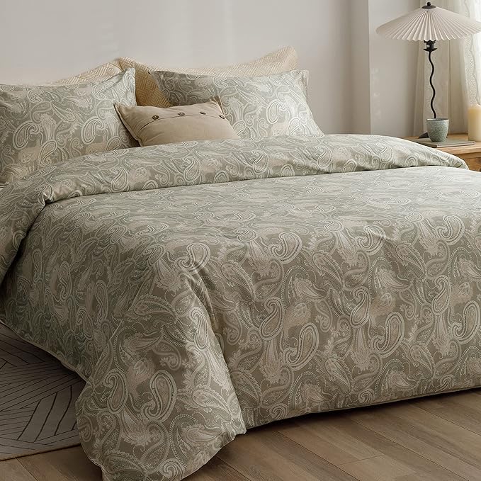 HeimenAogo Egyptian Cotton Duvet Cover King Size Sateen Weave, Silky Soft Boho Duvet Cover Zipper Closure, Long Staple Cotton Bed Linen Paisley Pattern 3 Pcs (104"×90")