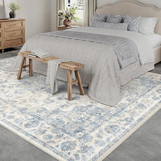8x10 Washable Neutral Area Rug Blue Vintage Living Room Bedroom Carpet Non-Slip Soft Low Pile Floral Indoor Large Throw Rug for Dining Room Office