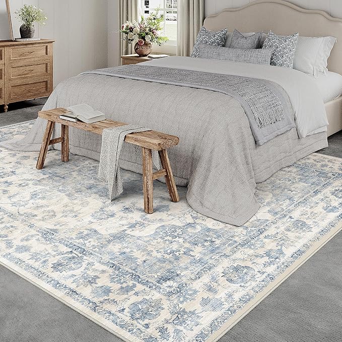 6x9 Washable Neutral Area Rug Blue Vintage Living Room Bedroom Carpet Non-Slip Soft Low Pile Floral Indoor Throw Rug for Dining Room Entryway Office