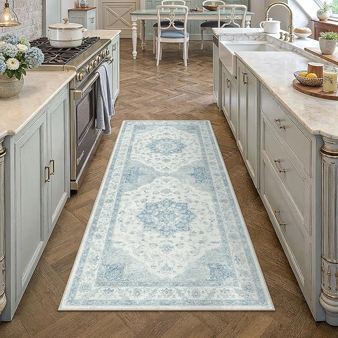 Blue Runner Rug 2x6 Washable Vintage Carpet for Hallway Kitchen Soft Retro Low Pile Thin Indoor Runner Non Slip Oriental Medallion Long Throw Rug for Bathroom Bedroom Laundry Dining Room
