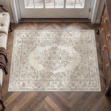 2x3 Area Rug Beige Washable Entryway Door Mat Indoor Vintage Medallion Floral Carpet Kitchen Bathroom Distressed Entrance Retro Small Non Slip Accent Throw Bedroom Office Dining Living Room